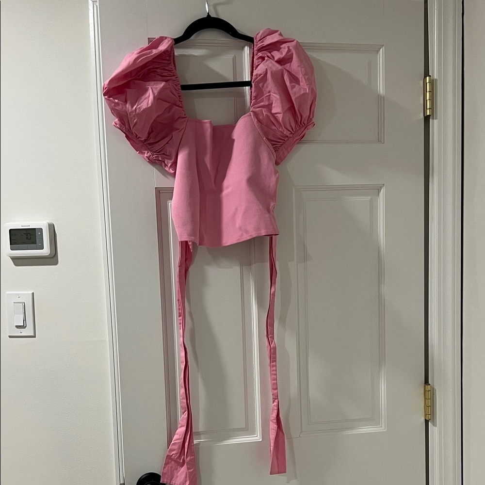 Zara Pink Puff-Sleeve Crop Top with Long Ties